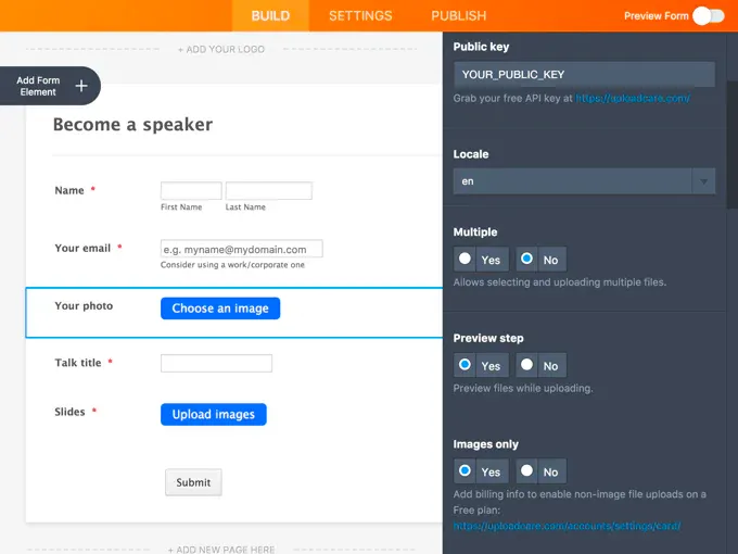 More uploading widget settings