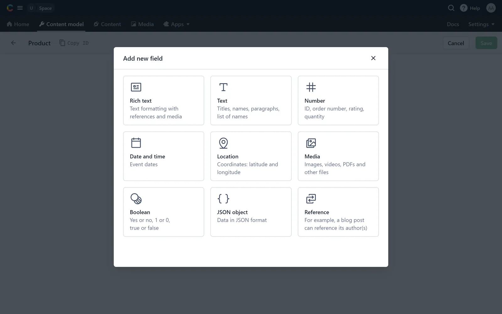 Contentful field creation dialog
