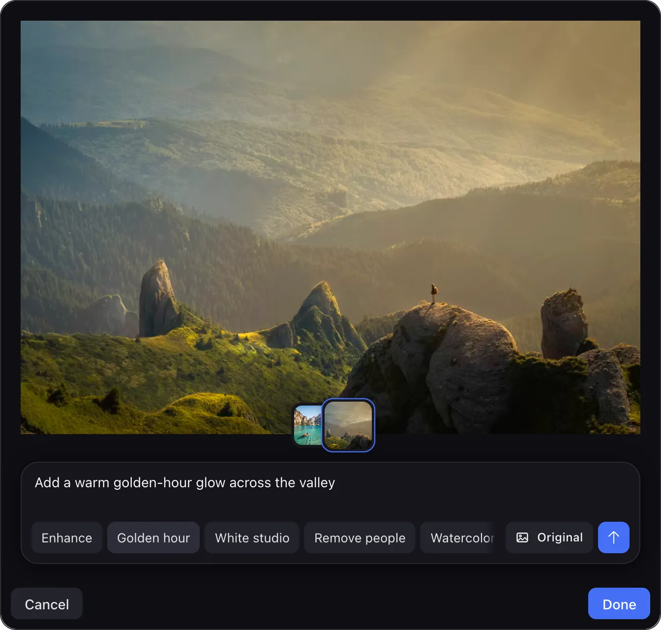 AI Image Editor editor in dark mode showing a generated golden-hour landscape, session history, and one-click effect presets