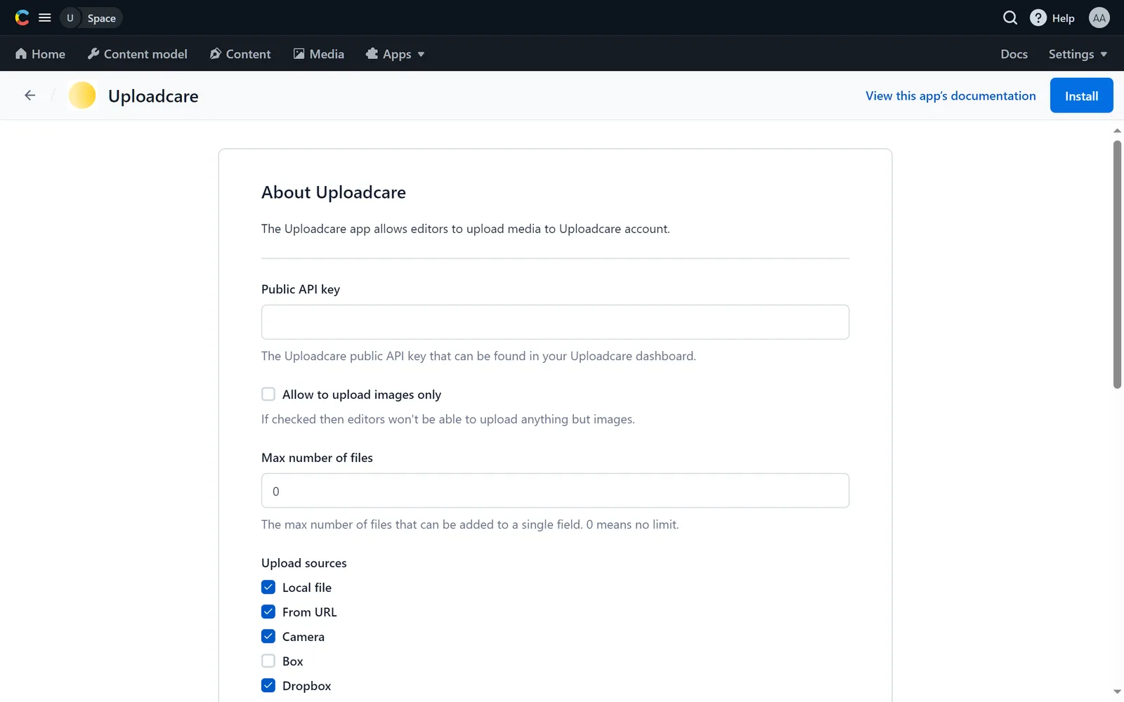 Contentful's installation screen for Uploadcare app
